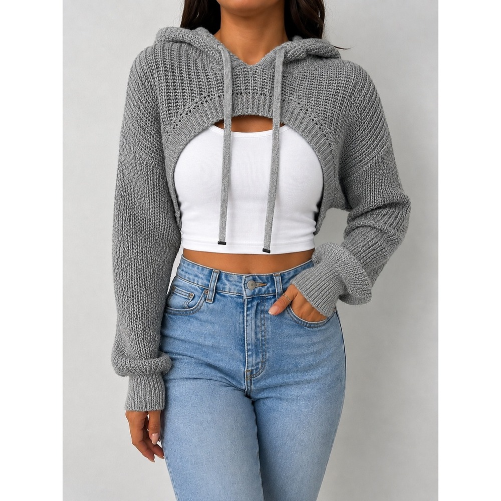 Almost Famous Women's Grey Knit Hooded Shrug Cropped Bolero Sweater Size M